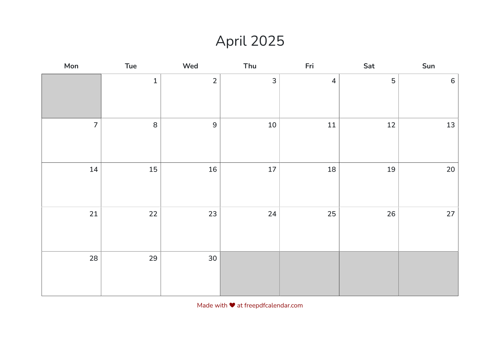 Preview of April 2025 Calendar PDF - Monday Start