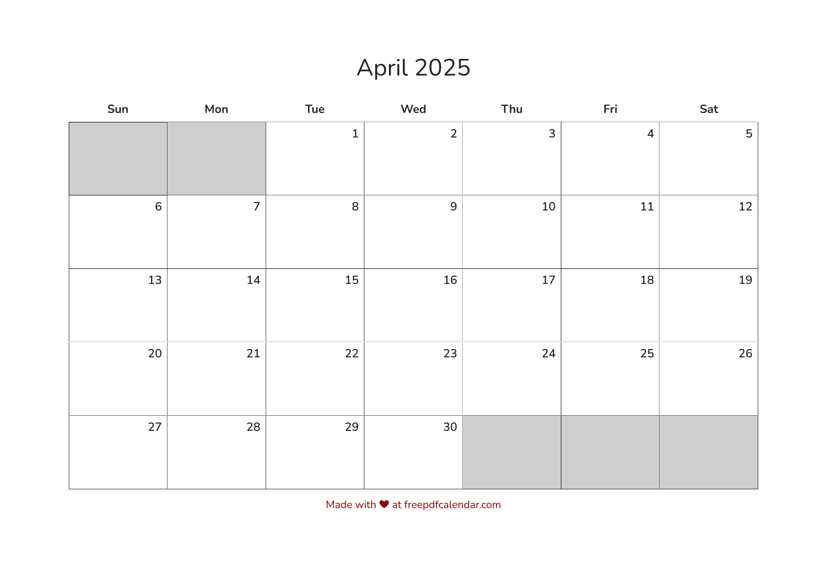 Preview of April 2025 Calendar PDF with US Holidays - Sunday Start