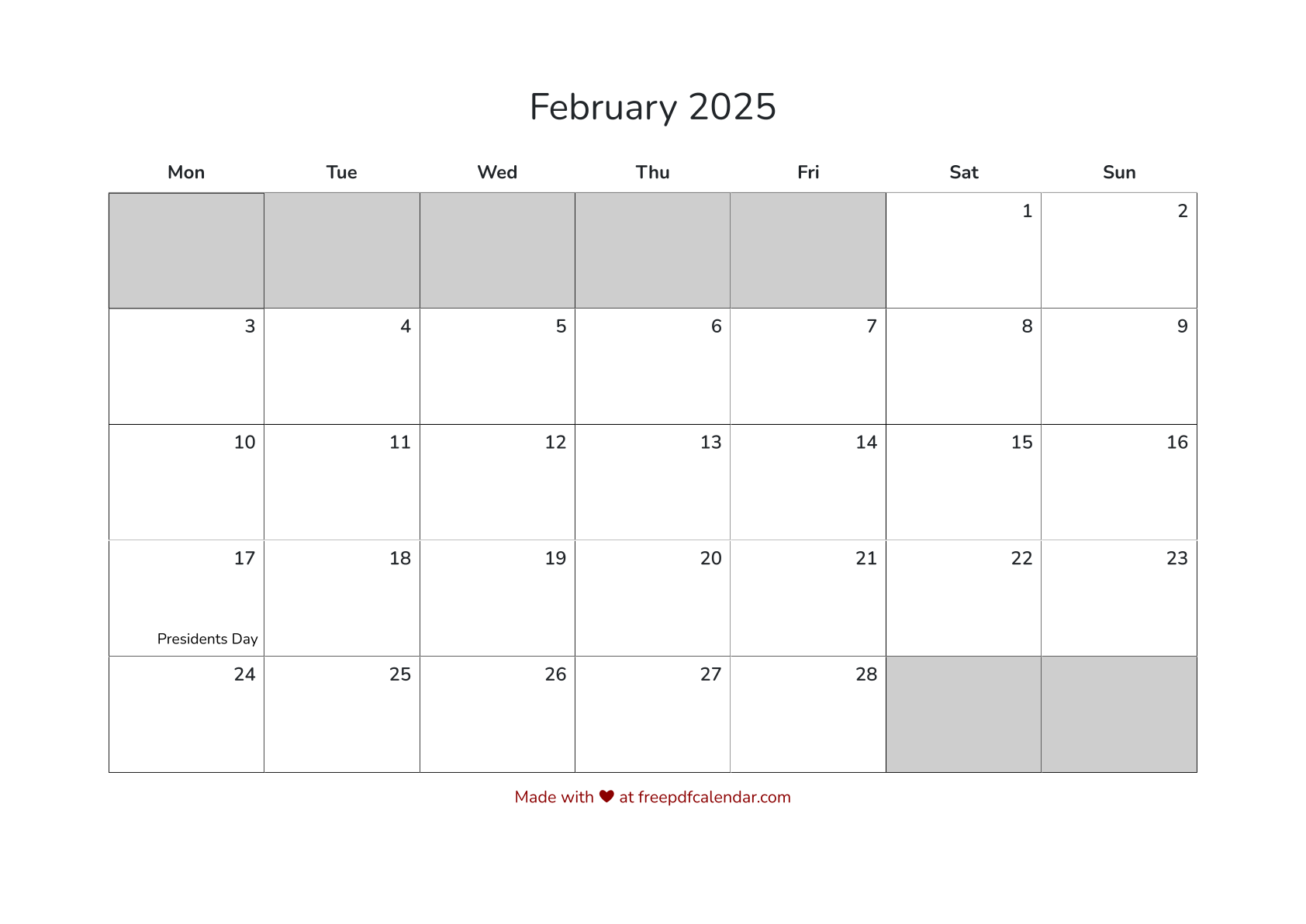 Preview of February 2025 Calendar PDF with US Holidays - Monday Start