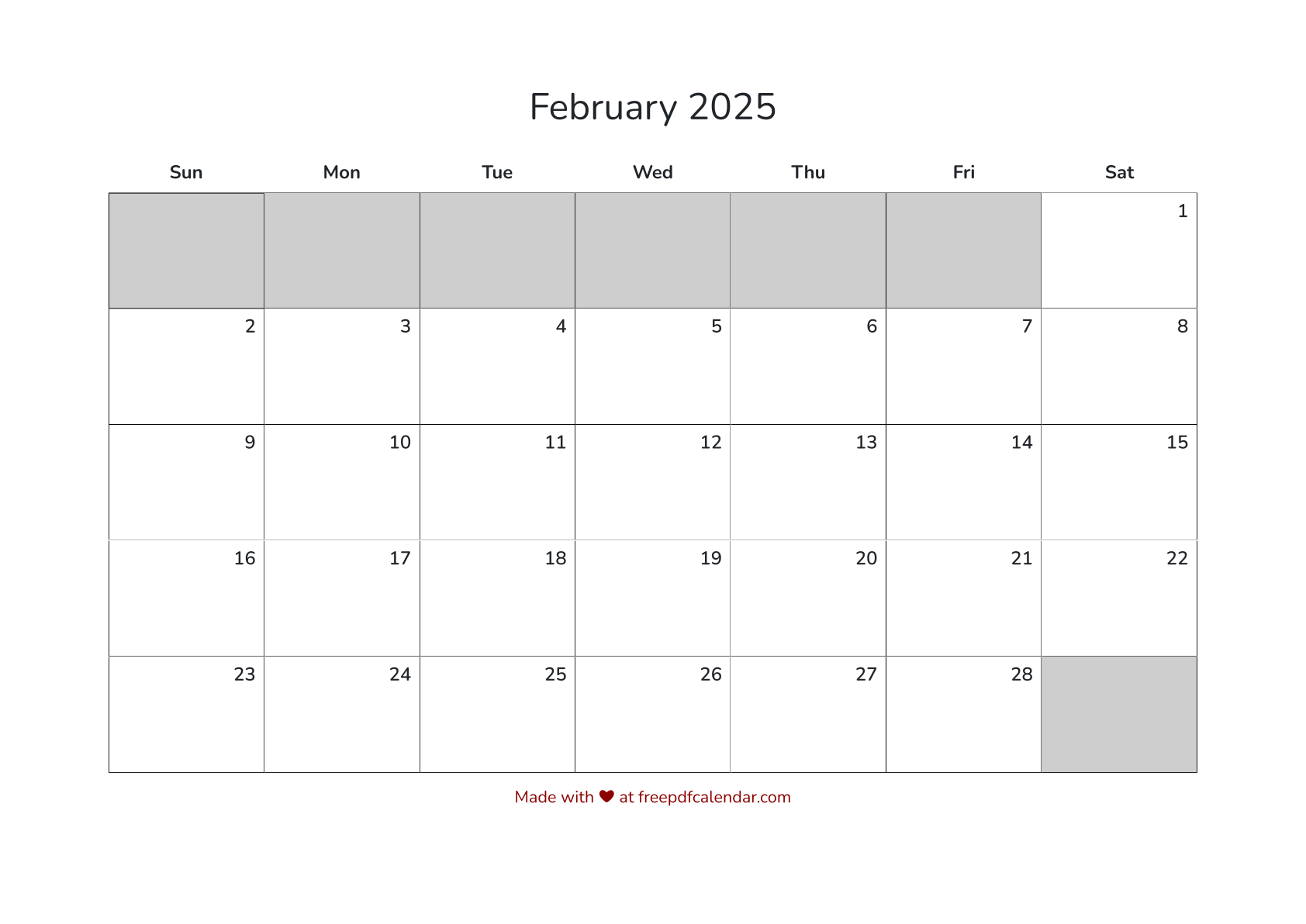 Preview of February 2025 Calendar PDF - Sunday Start