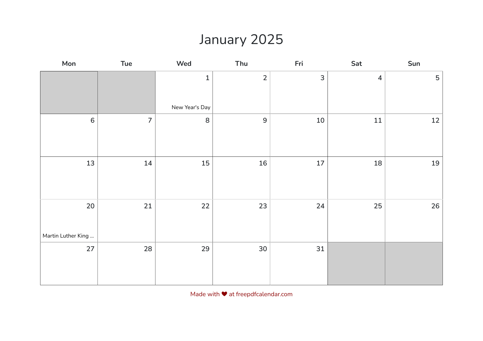 Preview of January 2025 Calendar with Monday Start and US Holidays