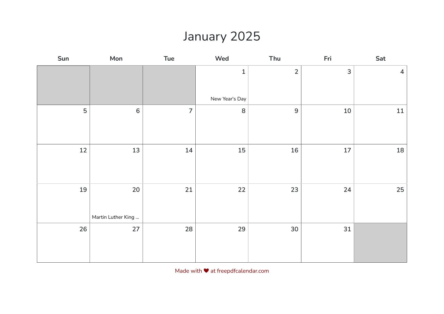 Preview of January 2025 Calendar with Sunday Start and US Holidays