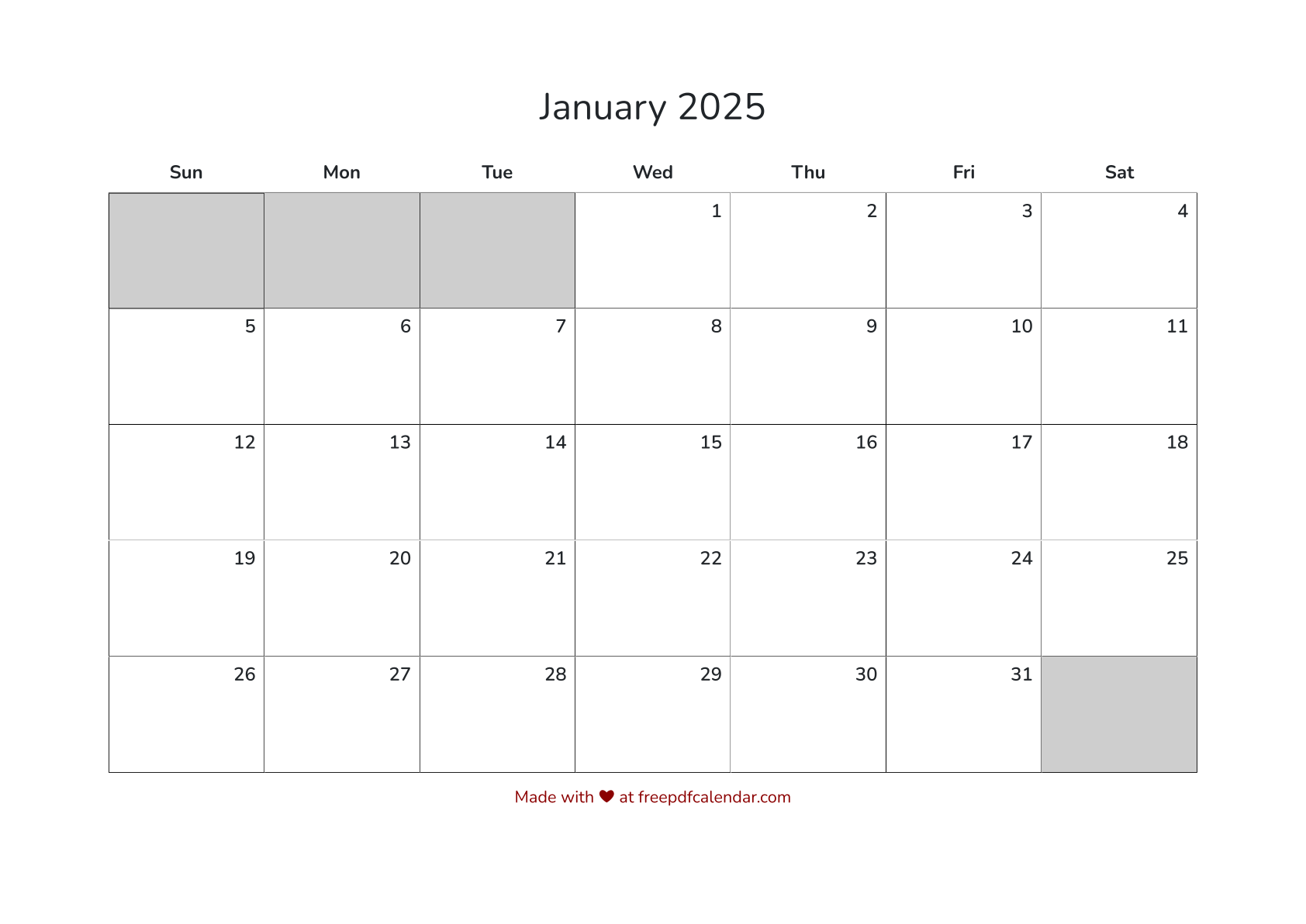 Preview of January 2025 Calendar with Sunday Start