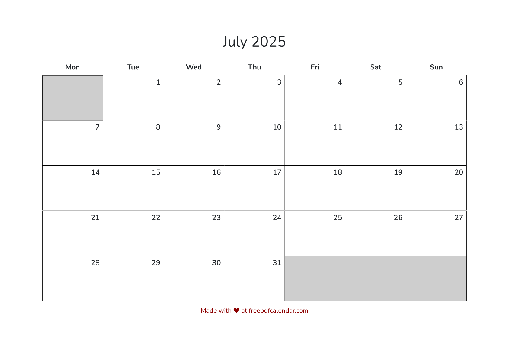 Preview of July 2025 Calendar PDF - Monday Start