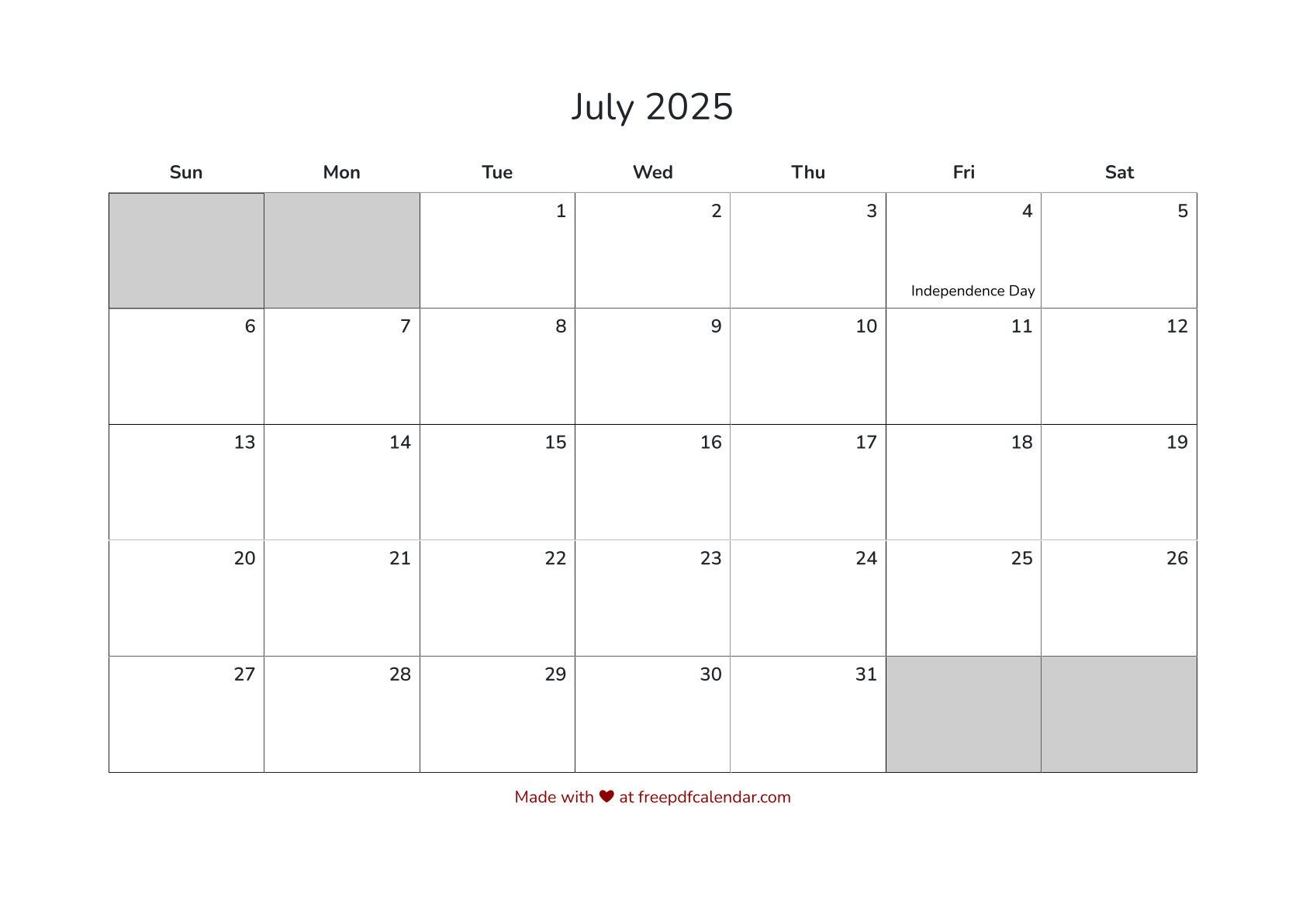 Preview of July 2025 Calendar PDF with Holidays - Sunday Start