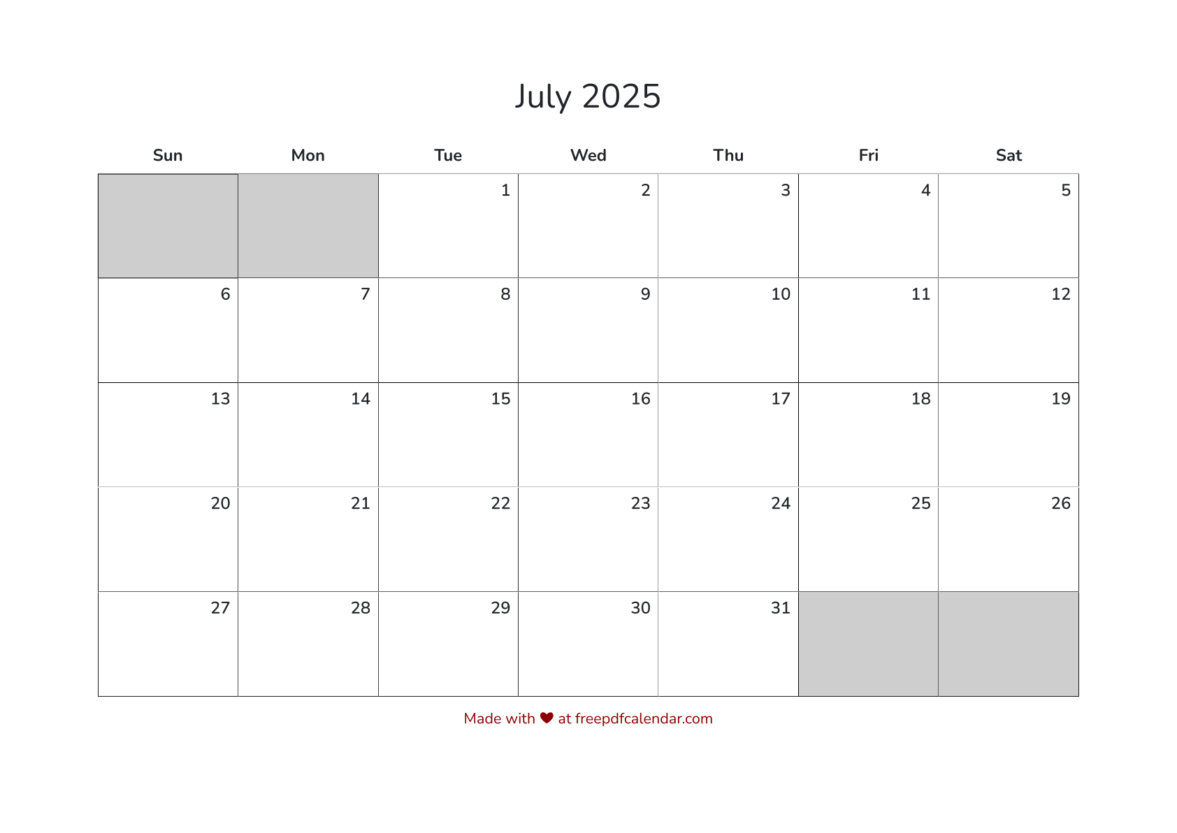 Preview of July 2025 Calendar PDF - Sunday Start