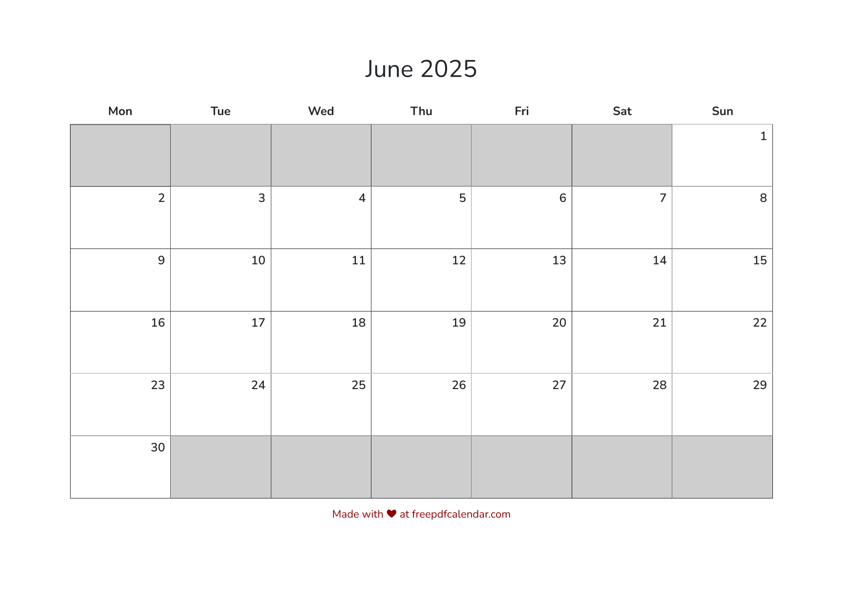 Preview of June 2025 Calendar PDF - Monday Start