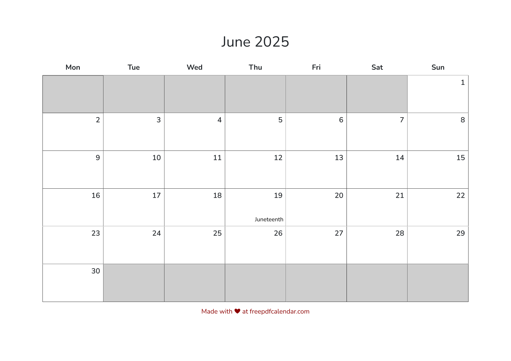 Preview of June 2025 Calendar PDF with Holidays - Monday Start