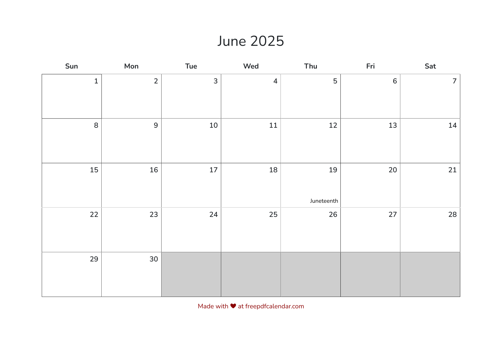 Preview of June 2025 Calendar PDF with Holidays - Sunday Start