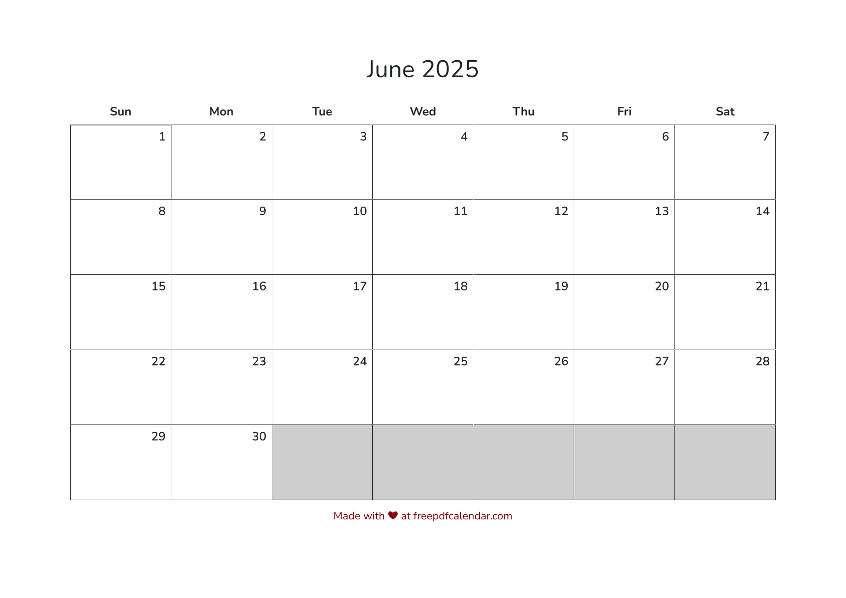 Preview of June 2025 Calendar PDF - Sunday Start