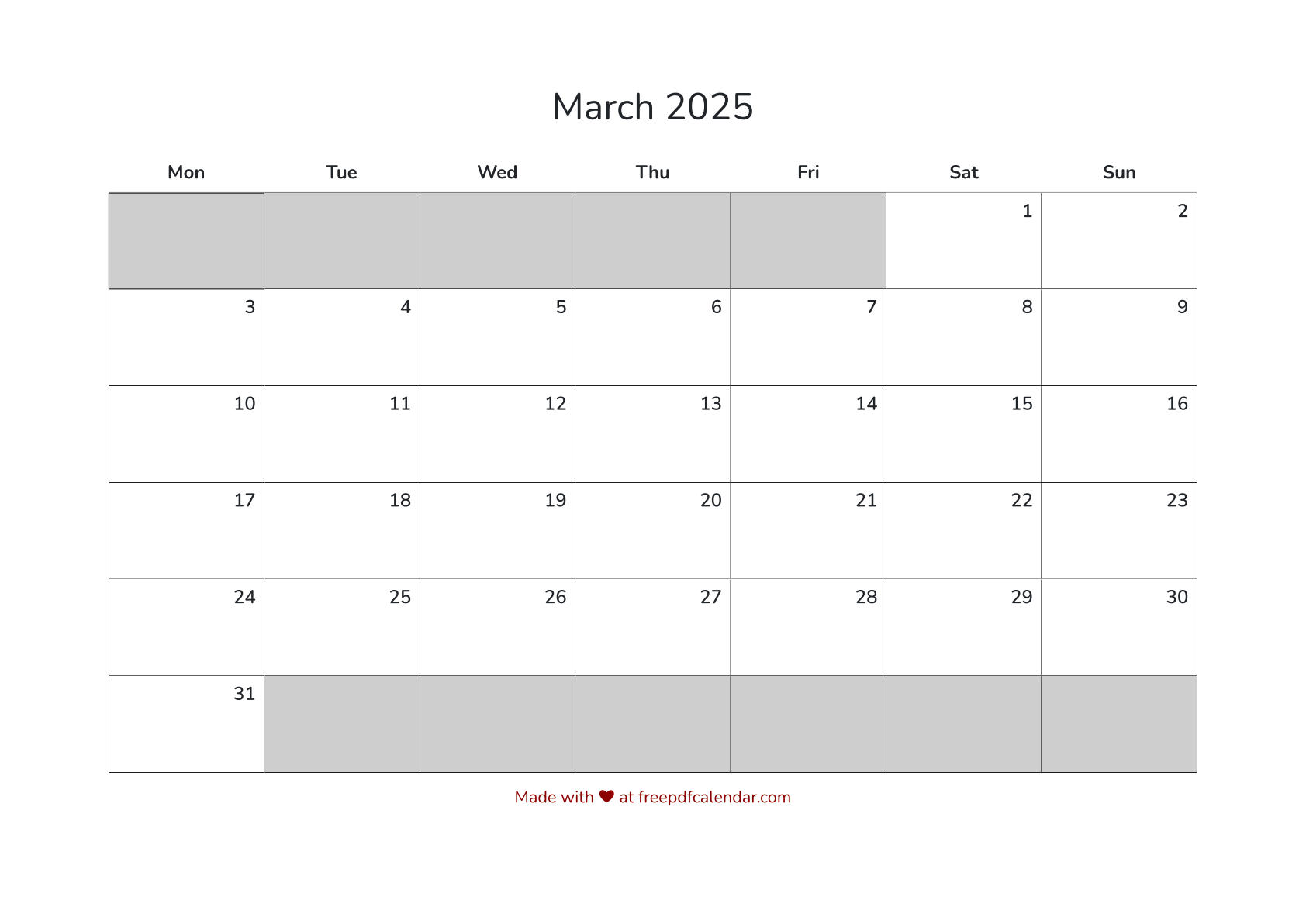Preview of March 2025 Calendar PDF - Monday Start