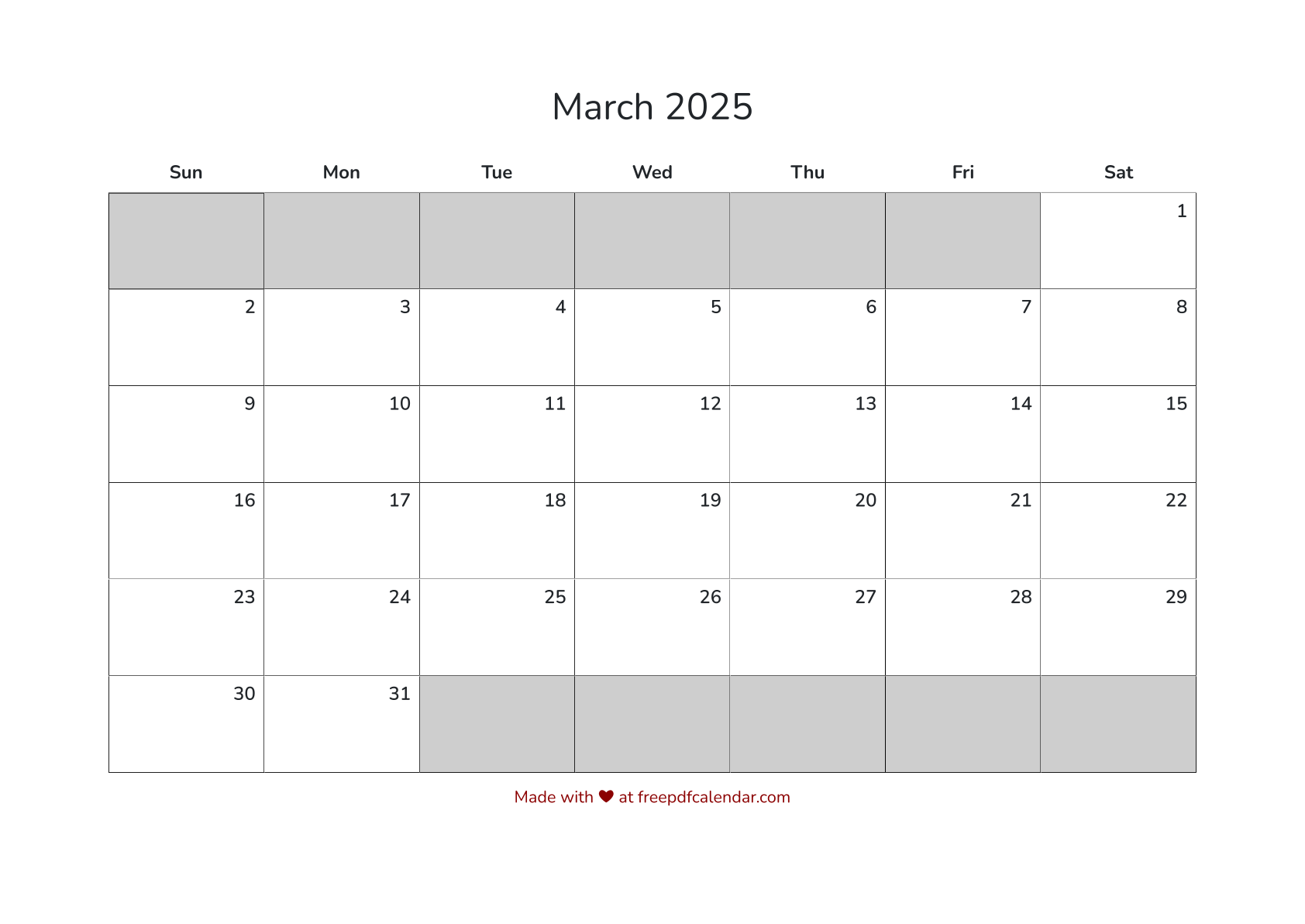 Preview of Blank March 2025 Calendar PDF - Sunday Start