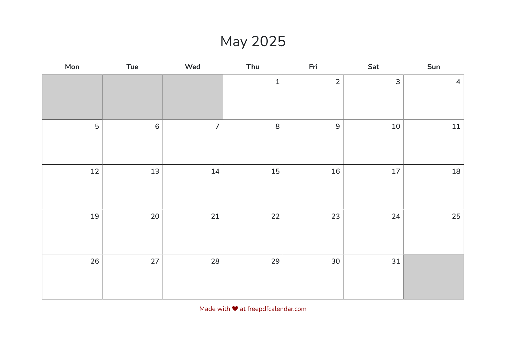Preview of May 2025 Calendar PDF - Monday Start