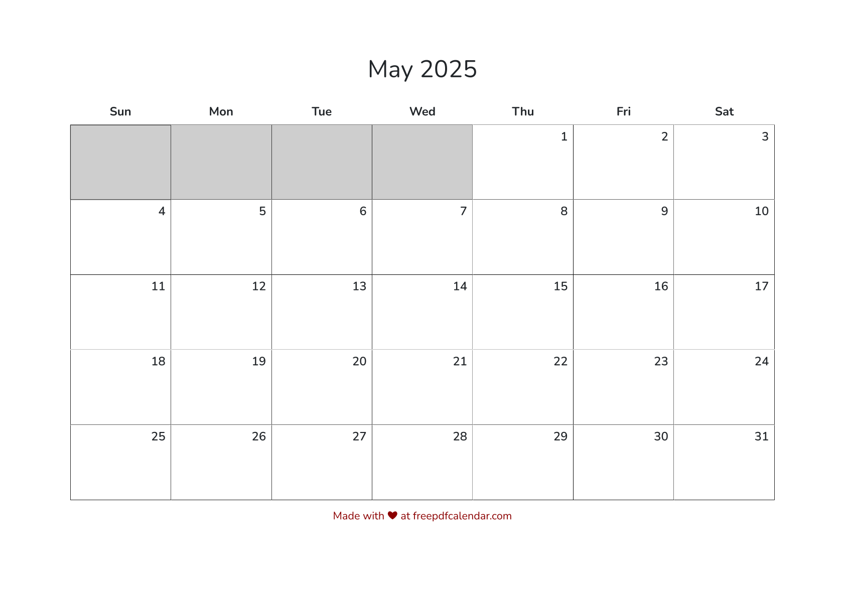 Preview of May 2025 Calendar PDF - Sunday Start