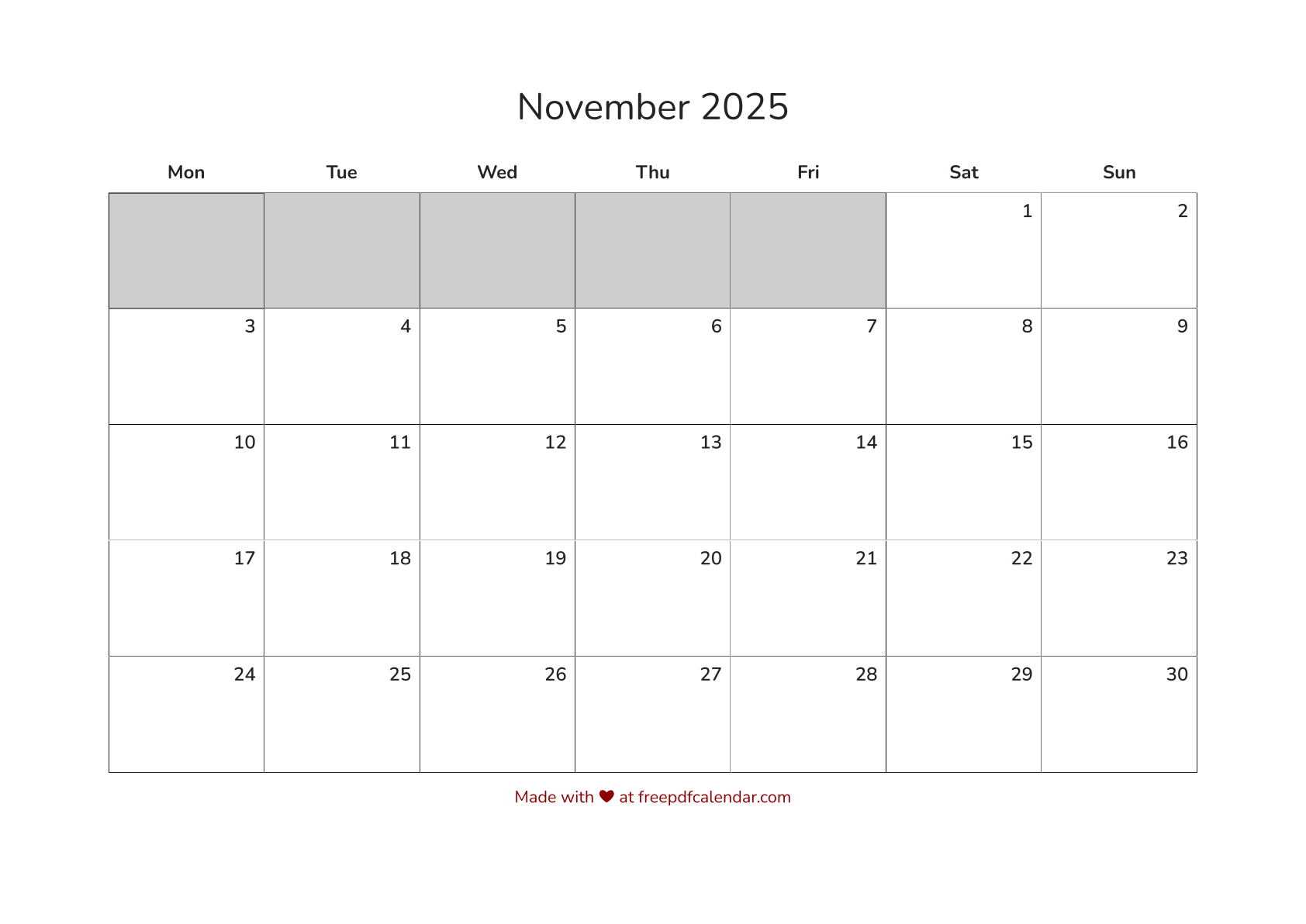 Preview of November 2025 Calendar PDF - Monday Start