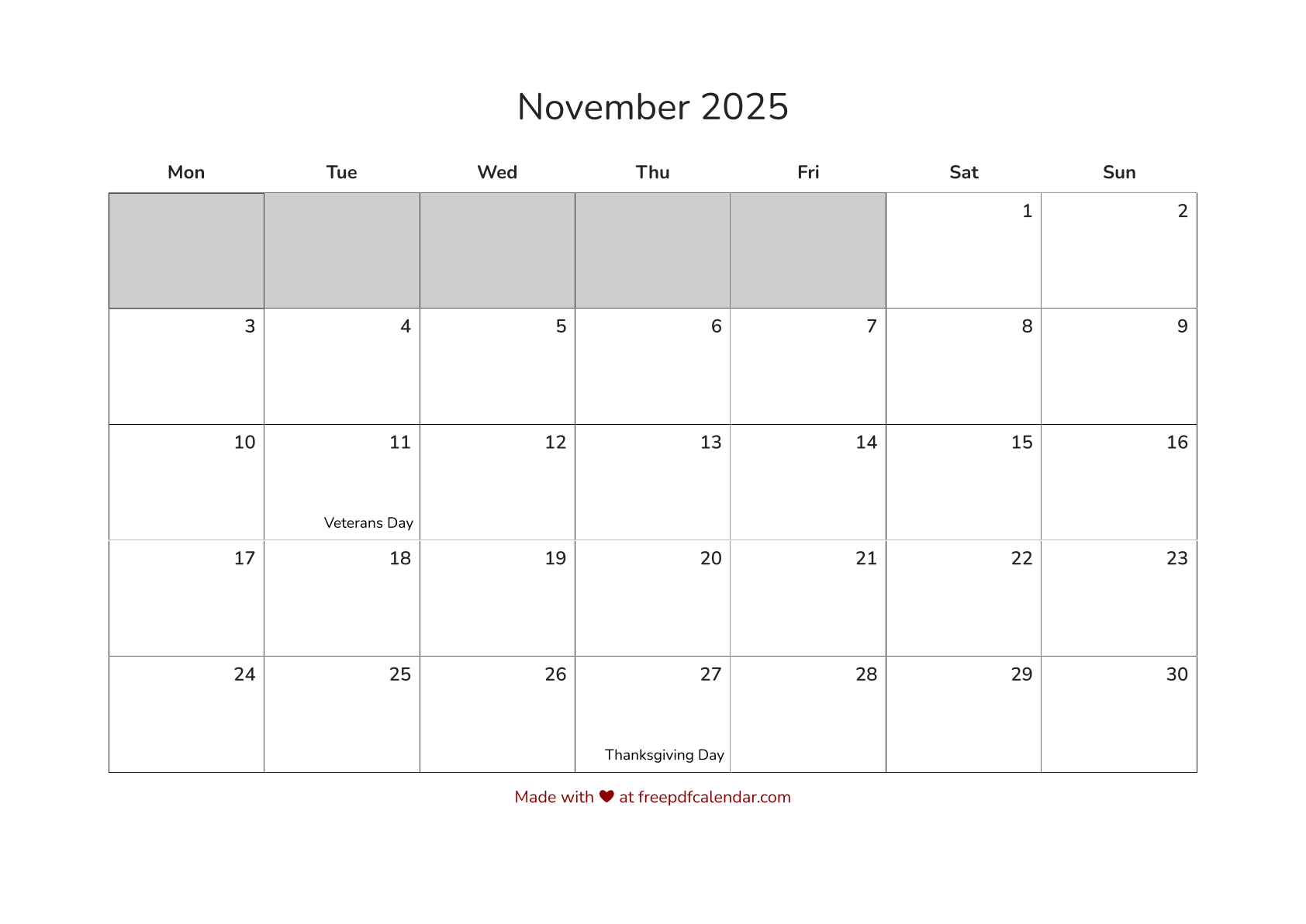 Preview of November 2025 Calendar PDF - Monday Start with Holidays