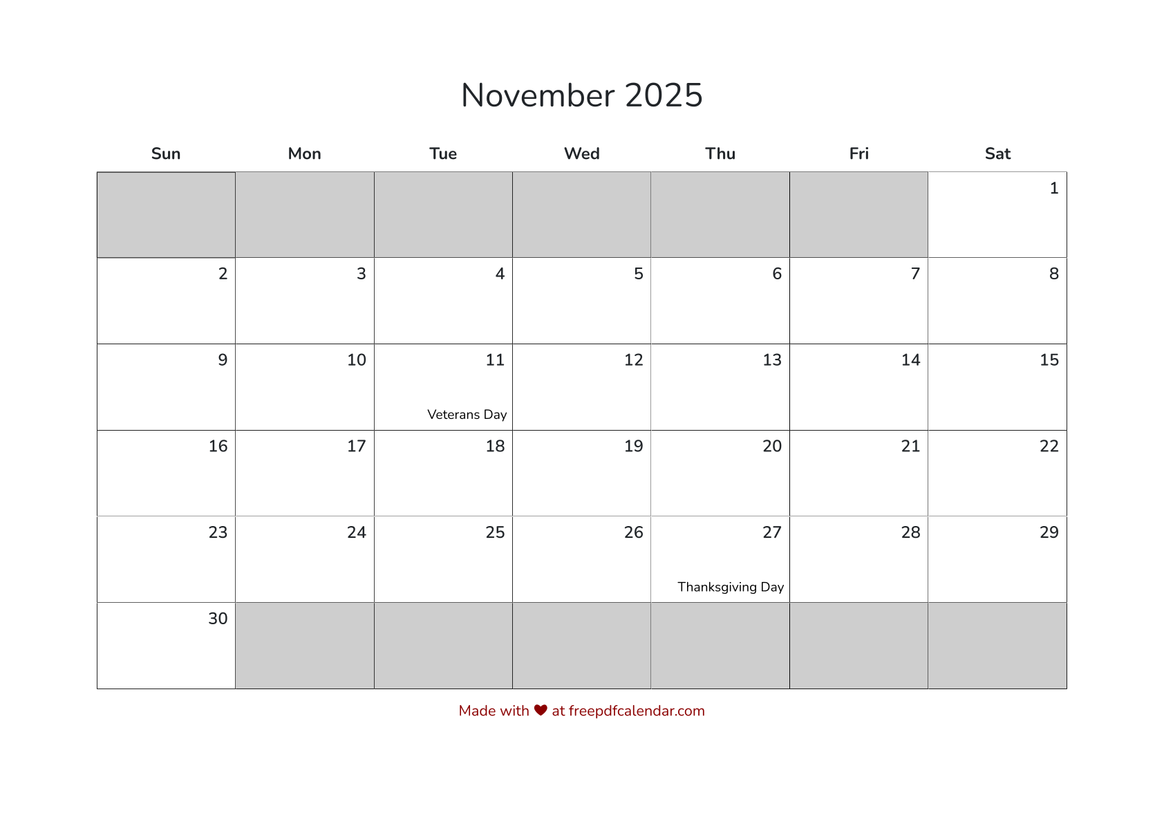 Preview of November 2025 Calendar PDF - Sunday Start with Holidays