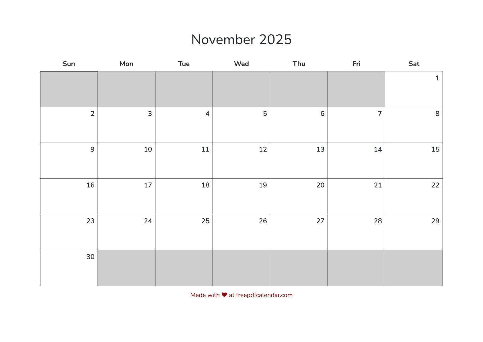 Preview of November 2025 Calendar PDF - Sunday Start