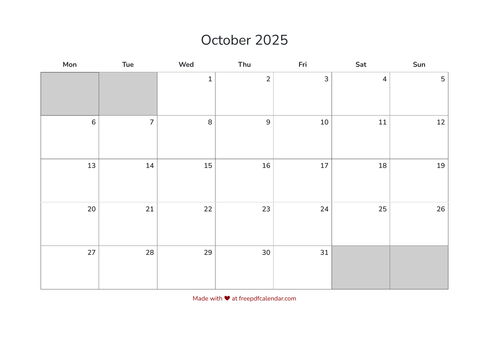 Preview of October 2025 Calendar PDF - Monday Start