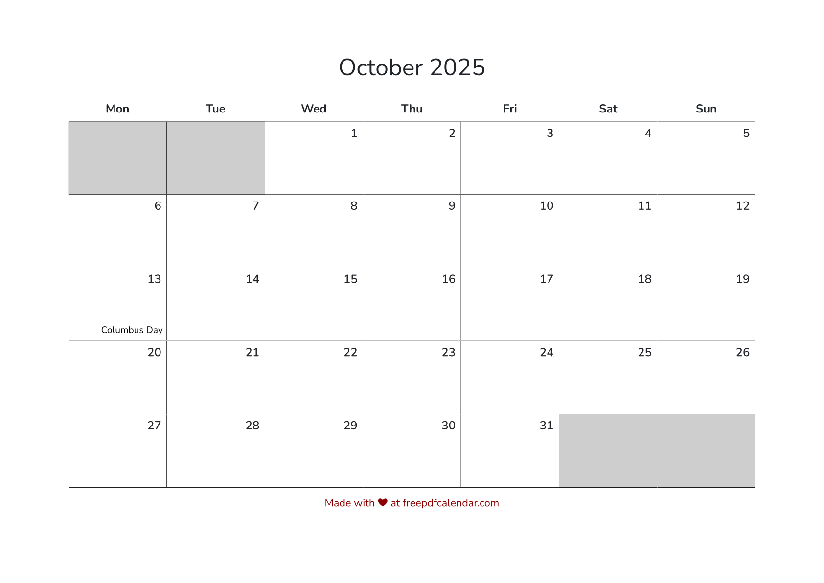 Preview of October 2025 Calendar PDF - Monday Start with Holidays