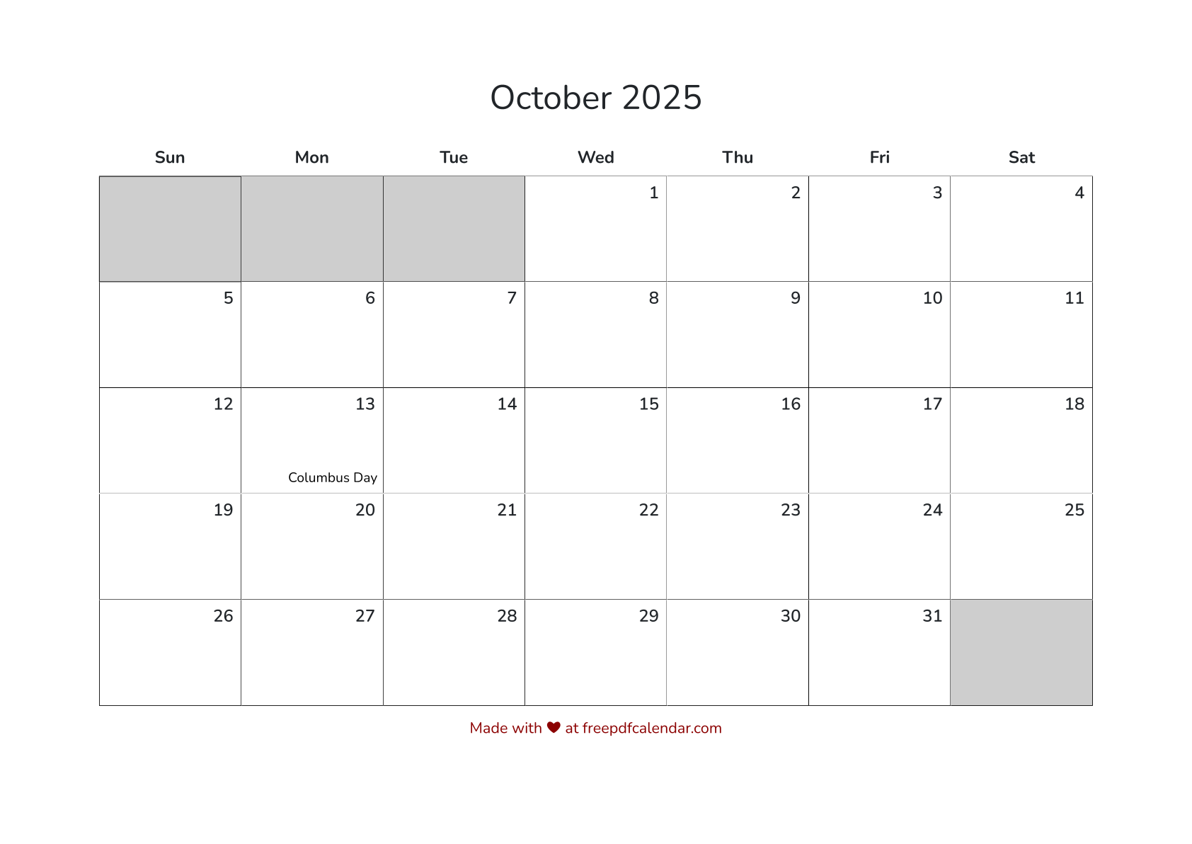 Preview of October 2025 Calendar PDF - Sunday Start with Holidays