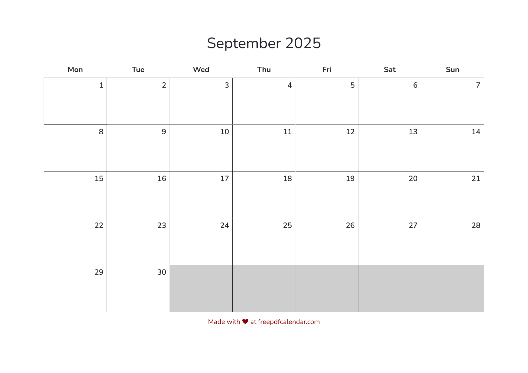 Preview of September 2025 Calendar PDF - Monday Start