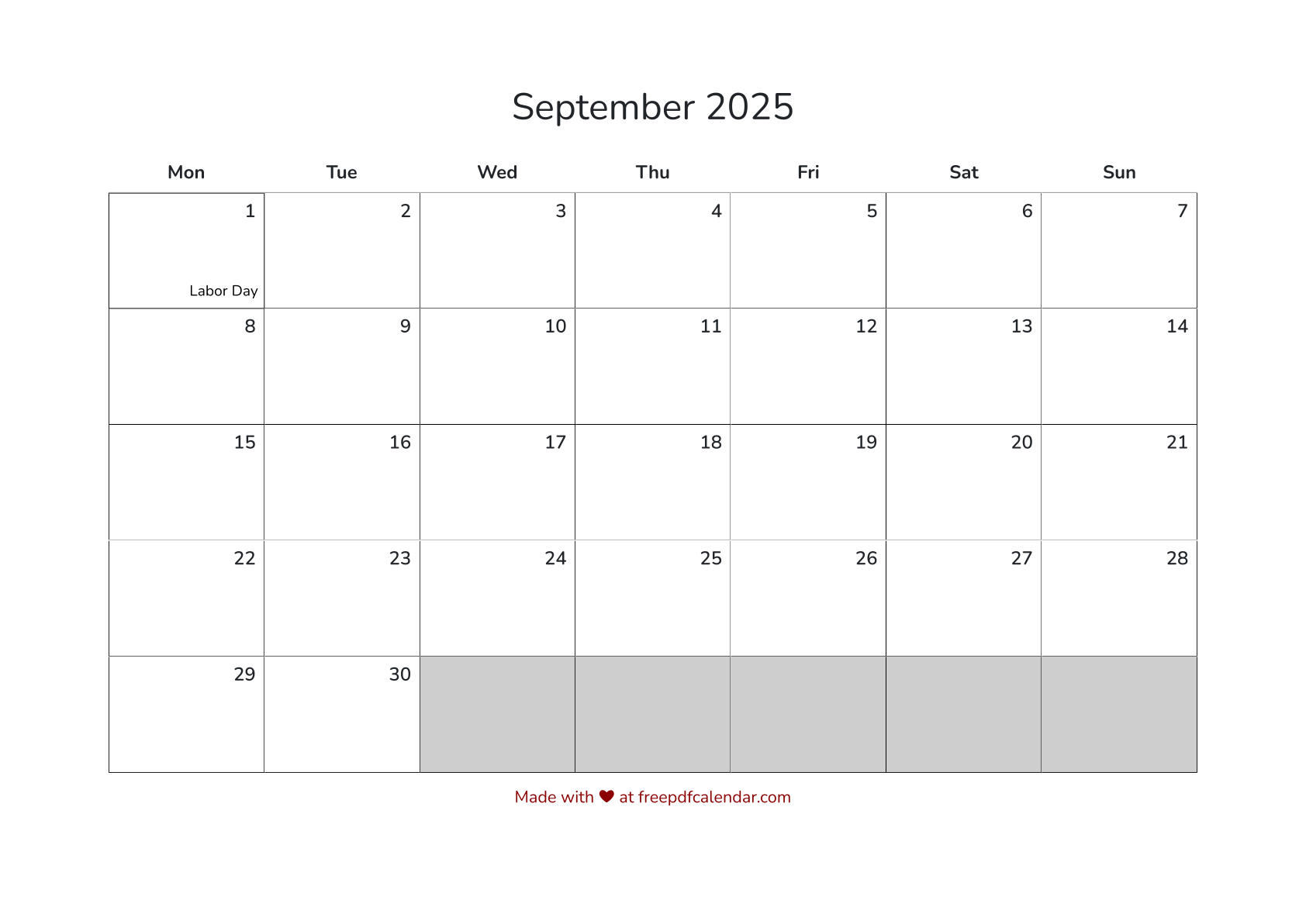 Preview of September 2025 Calendar PDF with Holidays - Monday Start