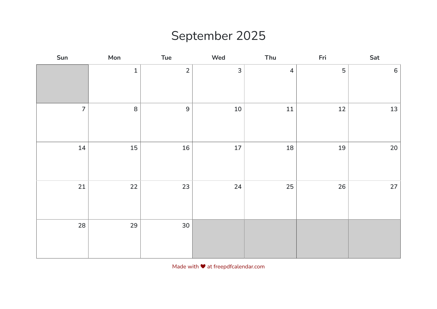 Preview of September 2025 Calendar PDF - Sunday Start